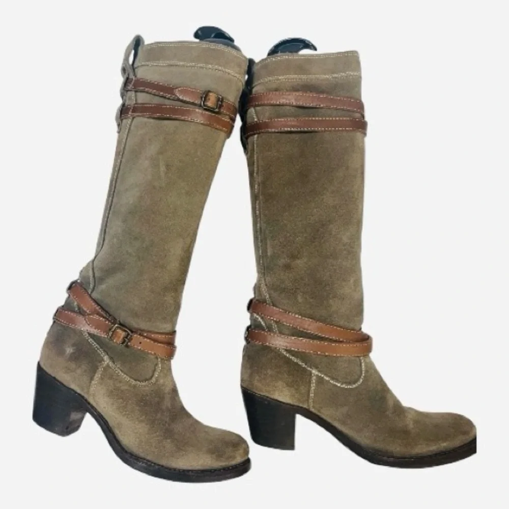 Frye Jane Strappy Knee Tan Brown Suede Boots 6.5